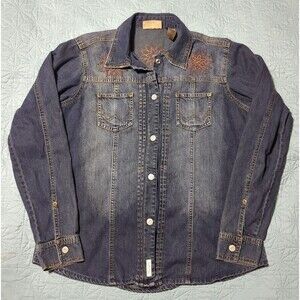 Wranglers Women’s Snap Denim Embroidered Orange Flower Shirt Front Back Sz M